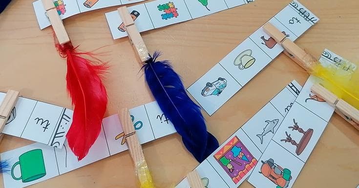 Tarjetas con dibujos y palabras sujetas con pinzas de plumas de colores